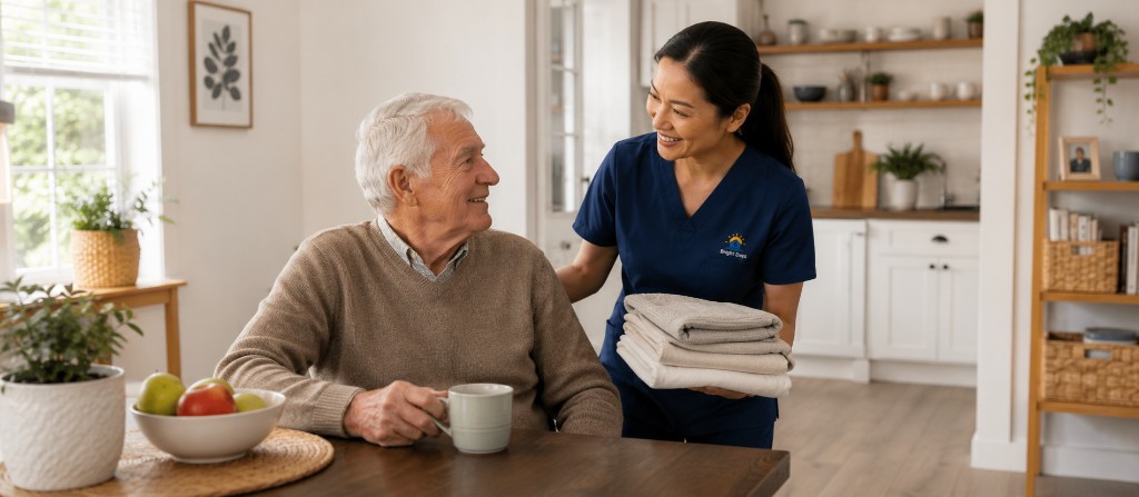 Bright Days carer helping an elderly client at home with laundry