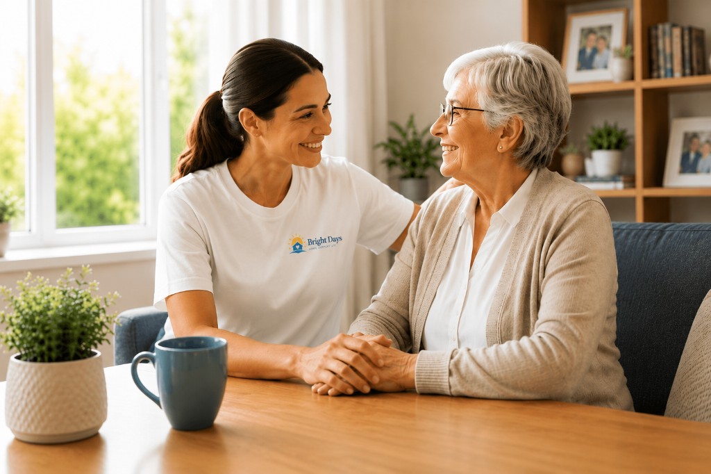 Bright Days carer sitting with an elderly client at home