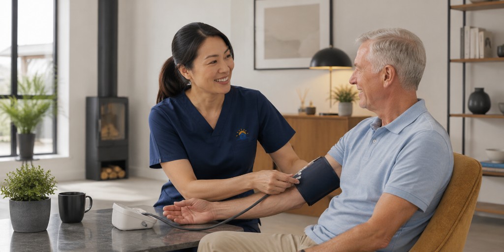 Bright Days nurse taking blood pressure of an elderly client
