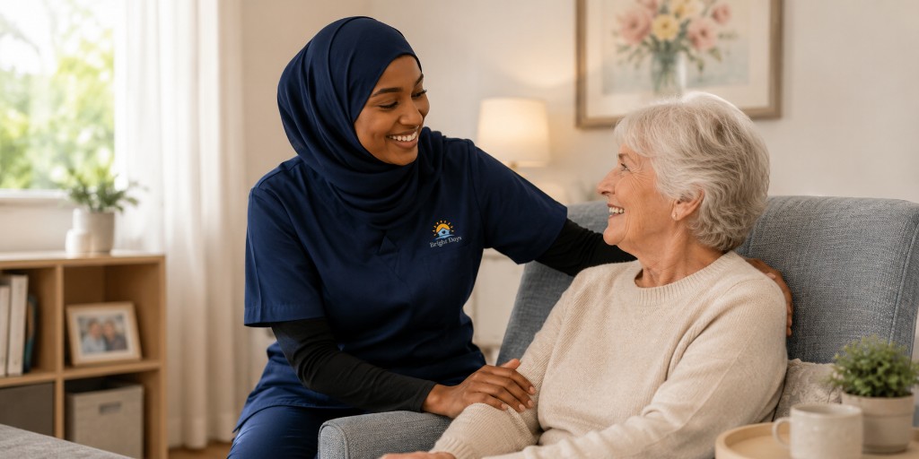Bright Days carer checking on an elderly client at home